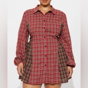 Plaid Button-Front Shirt Dress in Red and Brown